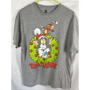 Tom & Jerry Cartoon Christmas T-Shirt Youth Large Gray Short Sleeves Cotton